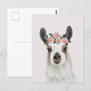 Postal Llama Fluffy suave con flor Rosa de color rosa