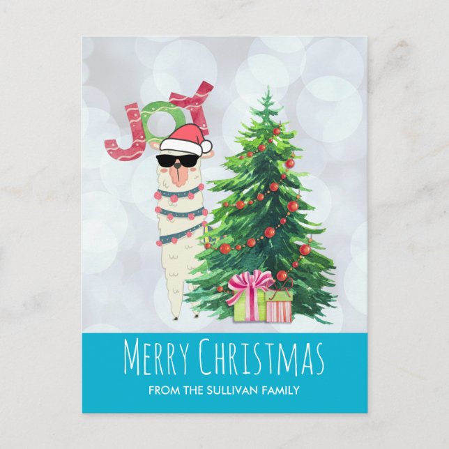 Postal Llama Guay a Navidades Silver Bokeh y Blue Icy (Anverso)