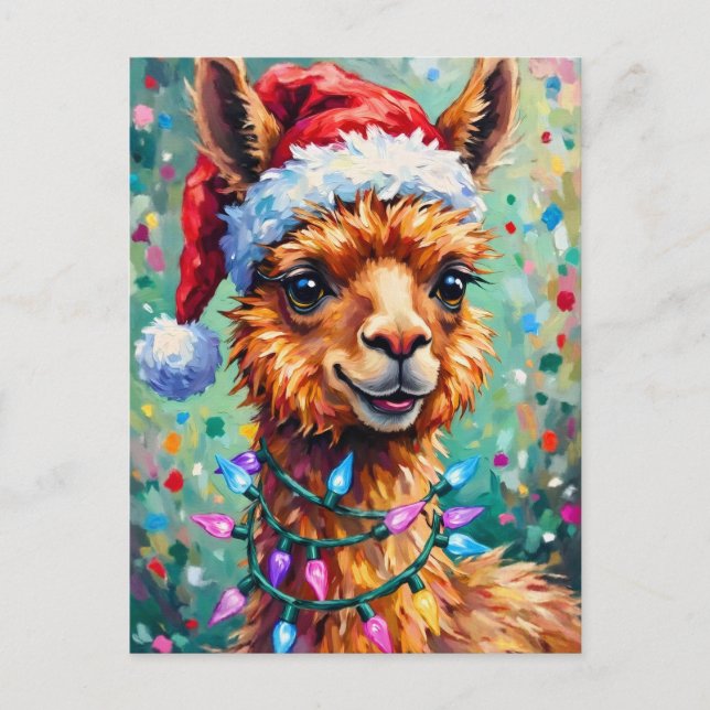 Postal Llama navideña muy feliz (Anverso)