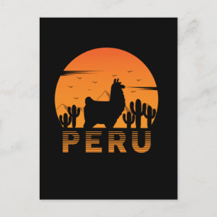 Postal Llama Retro Perú Atardecer Cactus