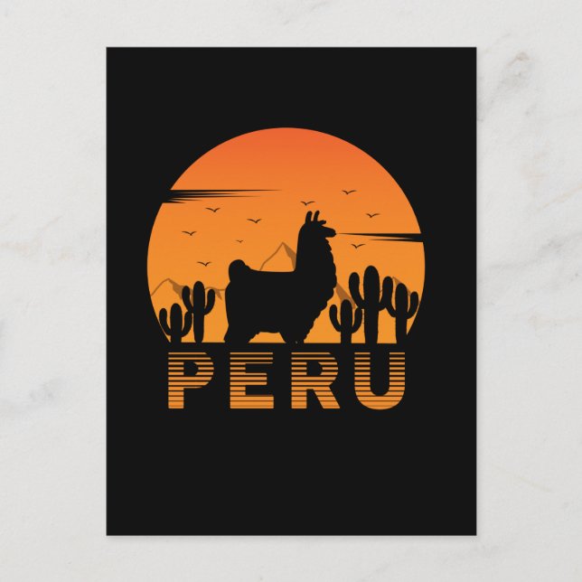 Postal Llama Retro Perú Cactus Atardecer (Anverso)