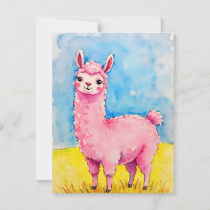 Postal Llama rosa contra cielo azul