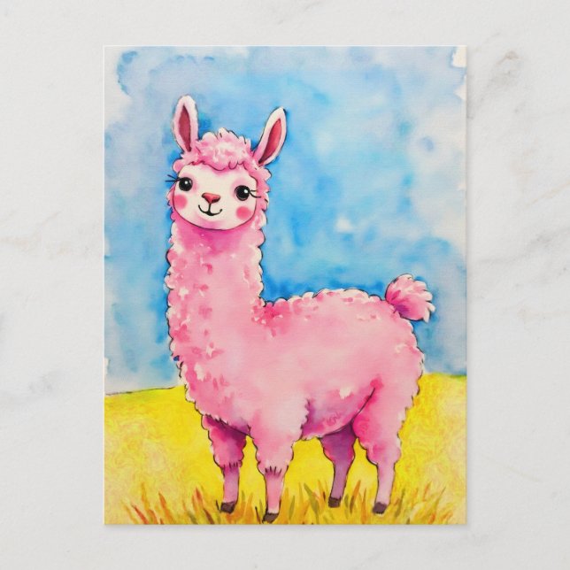 Postal Llama rosa contra cielo azul (Anverso)