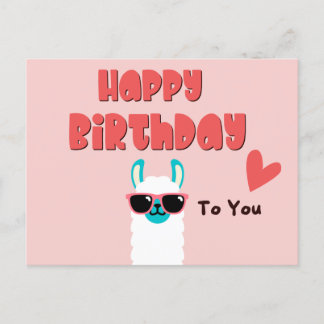Postal Llama rosa delgada en cumpleaños de gafas