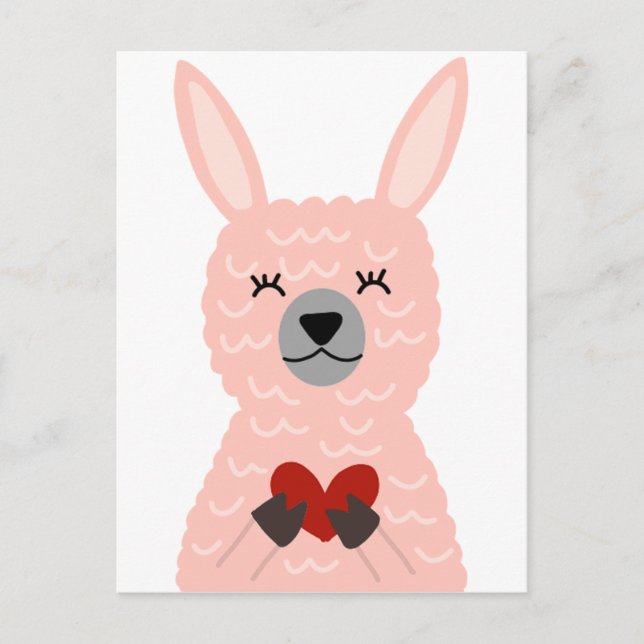 Postal Llama rosa sosteniendo un corazón (Anverso)