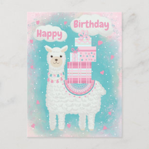 Postal Llama rosa y turquesa adorable con regalos