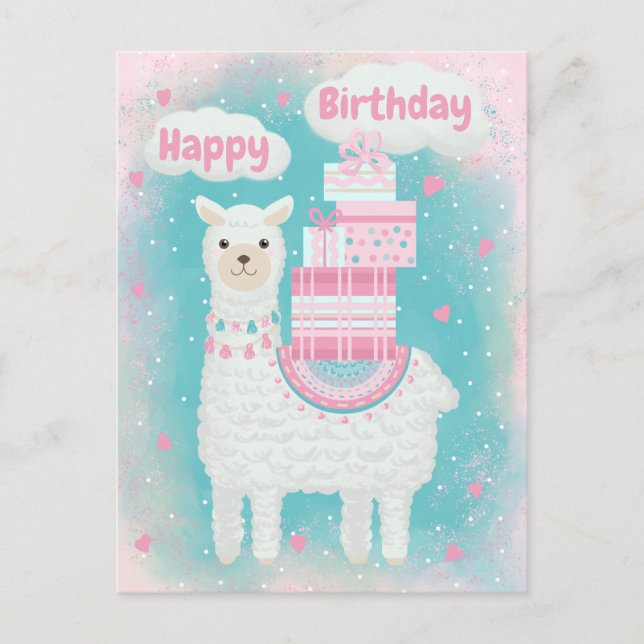 Postal Llama rosa y turquesa adorable con regalos (Anverso)