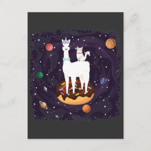 Postal Llama unicornio divertida con gato en una galaxia 