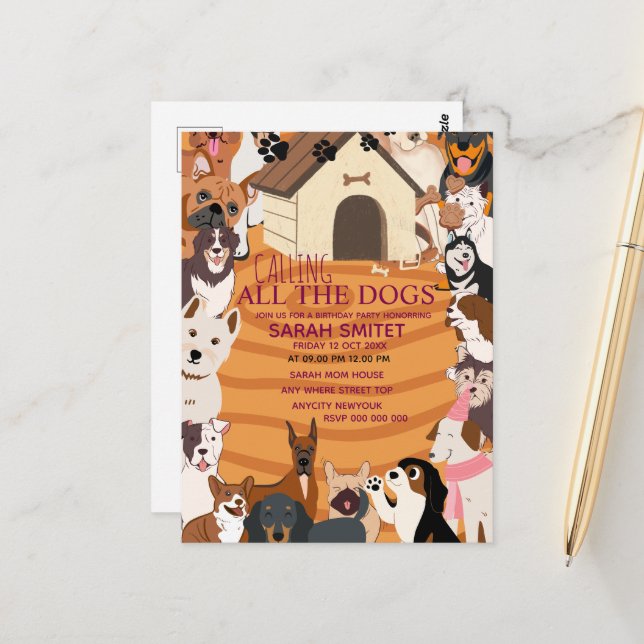 Postal Llamando a todos los perros Fiesta de cumpleaños   (Anverso/Reverso In Situ)