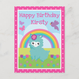Postal Llamita azul pastel floral linda y Cumpleaños de a