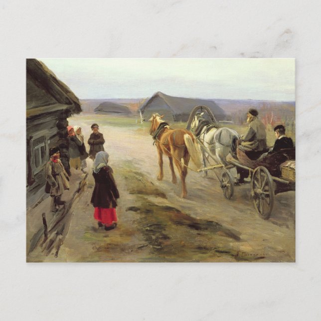 Postal Llegada de una maestra a la escuela en el país (Anverso)