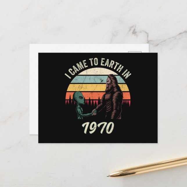 Postal Llegué a la Tierra en 1970 Alien y Pie Grande (Anverso/Reverso In Situ)