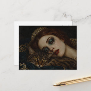 Postal Llorando con su gato La Reina en la cama