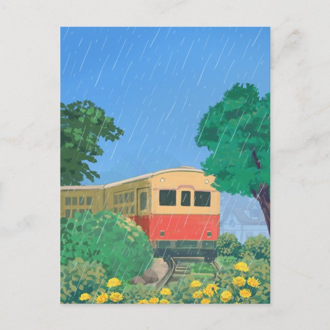 Postal Lluvia romántica y tren anime (Anverso)