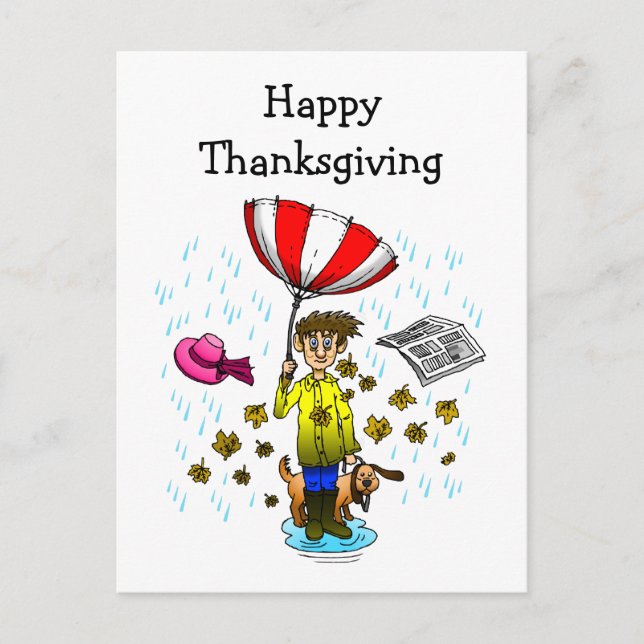 Postal Lluvioso y Ventoso Feliz Día de Acción de Gracias (Anverso)