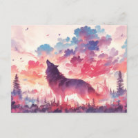 Lobo aullador en bosque de puesta de sol rosa