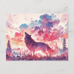 Postal Lobo aullador en bosque de puesta de sol rosa