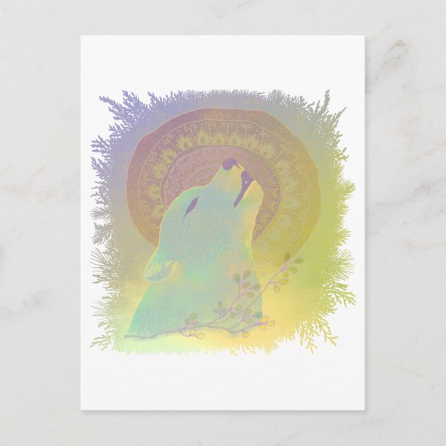 Postal Lobo aullador y plantas de mandala ramas marco (Anverso)