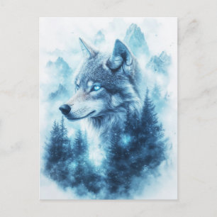 Postal Lobo Azul Majestuoso y Montaña de Invierno
