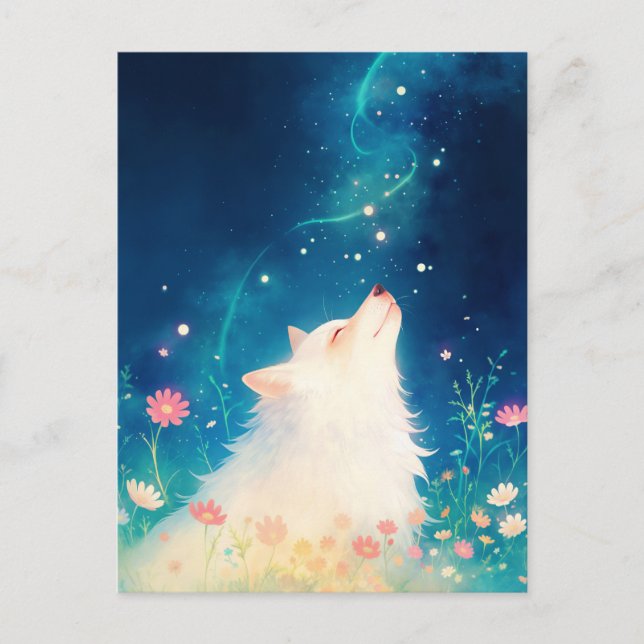 Postal Lobo Blanco Etéreo en Prado Estrellado (Anverso)