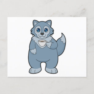 Postal Lobo con taza de café