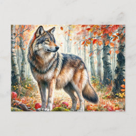 Postal Lobo De Otoño Con Manzanas En Bosque Caído