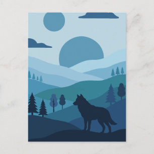Postal Lobo de silueta azul y paisaje de lunas gemelas