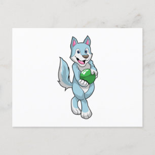 Postal Lobo en bolos con bola de bolos