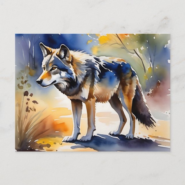 Postal Lobo en una pintura de acuarela del bosque (Anverso)