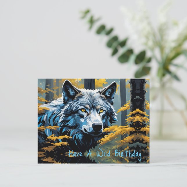 Postal Lobo Gris en Bosque Dorado (Anverso de pie)