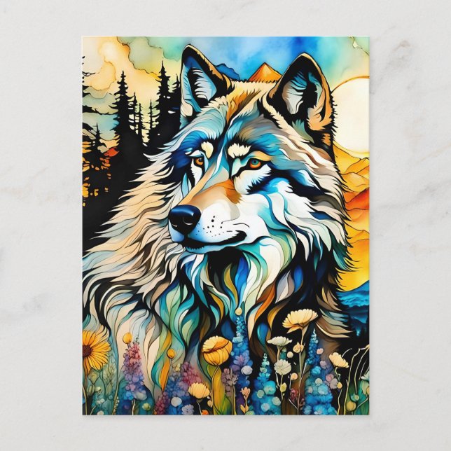 Postal Lobo gris y flores silvestres (Anverso)