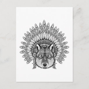 Postal Lobo Inspirado En Bonnet De La Guerra De Feathered