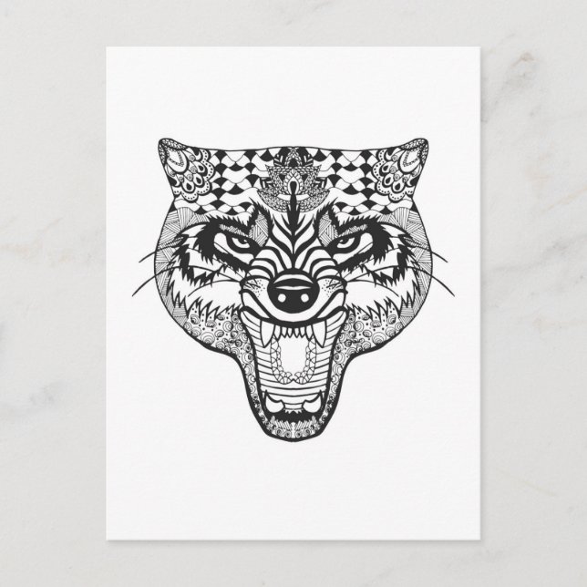 Postal Lobo inspirado por Zentangle (Anverso)