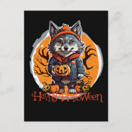 Postal Lobo lindo con calabazas Felices Vibes de Hallowee