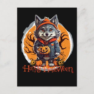 Postal Lobo lindo con calabazas Felices Vibes de Hallowee