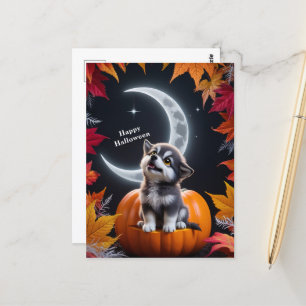 Postal Lobo lindo con centeno de otoño en media luna