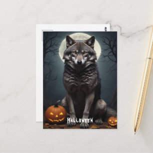 Postal Lobo Misterioso con Arte de Halloween de Calabaza