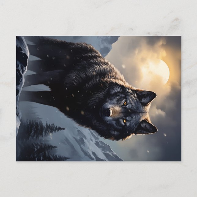 Postal Lobo negro en montañas nevadas (Anverso)