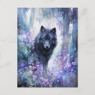 Postal Lobo Negro Místico en Bosque de Acuarela Púrpura