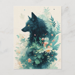 Postal Lobo Negro Místico en Jardín Botánico Turquesa