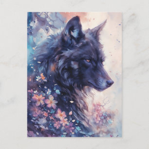 Postal Lobo Negro Místico en Jardín Floral Rosa