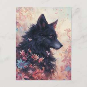 Postal Lobo Negro Místico en Pradera Floral Rosa