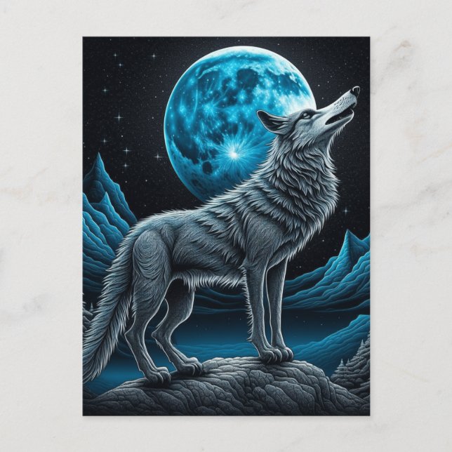 Postal Lobo parado frente a la luna llena | Arte de IA (Anverso)