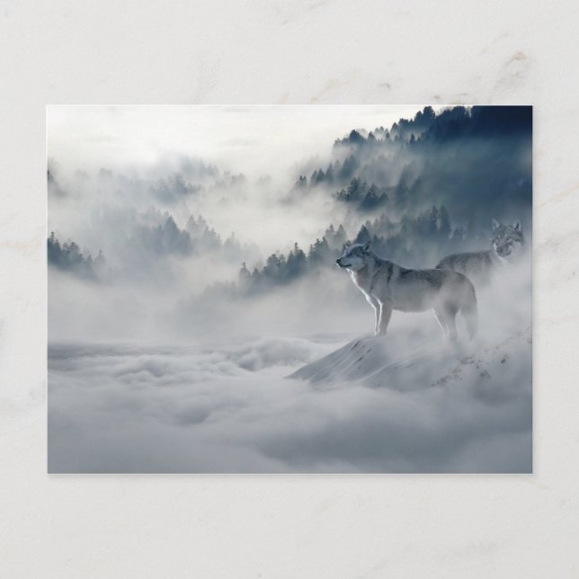Postal Lobos majestuosos en la niebla forestal (Anverso)