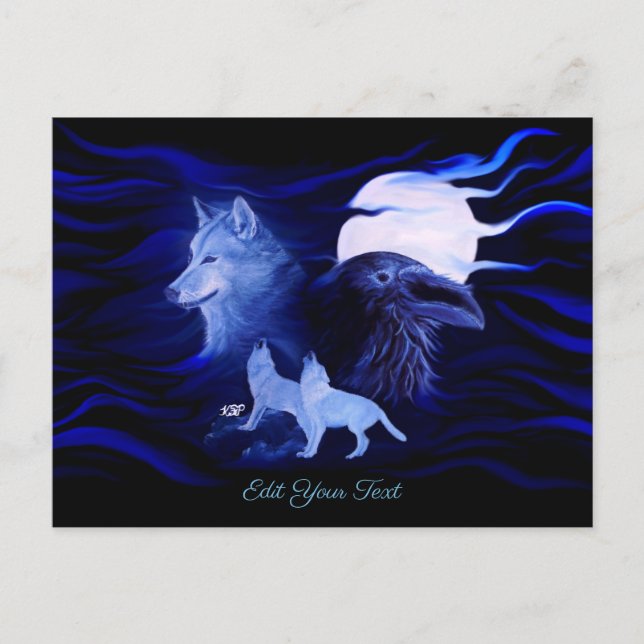 Postal Lobos y Raven con luna llena (Anverso)