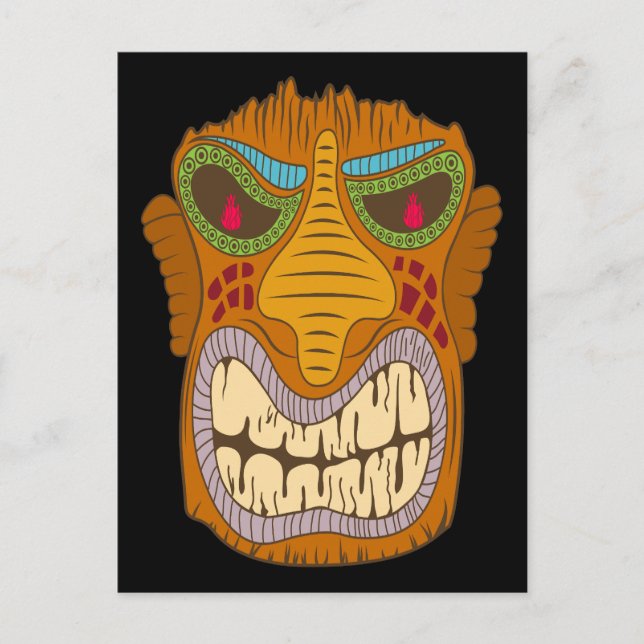Postal Loca cabeza de tiki con llamas en los ojos, negro (Anverso)