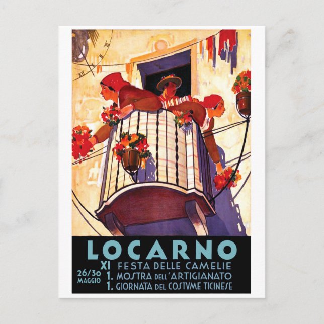 Postal Locarno, Suiza, mujeres en terraza, flores (Anverso)
