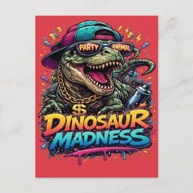 Postal Locura de dinosaurios: gráfico de T-Rex fiestero (Anverso)