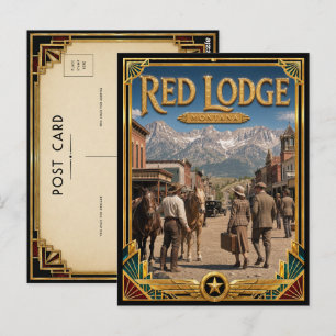 Postal Lodge Rojo Montana Arte Deco Antiguo Edad de Oro
