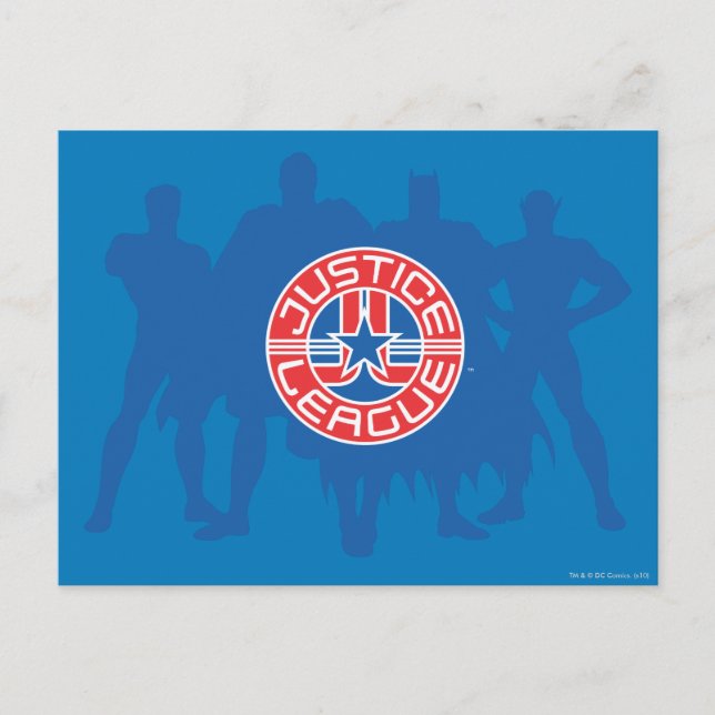 Postal Logo de la Liga de la Justicia y fondo de carácter (Anverso)